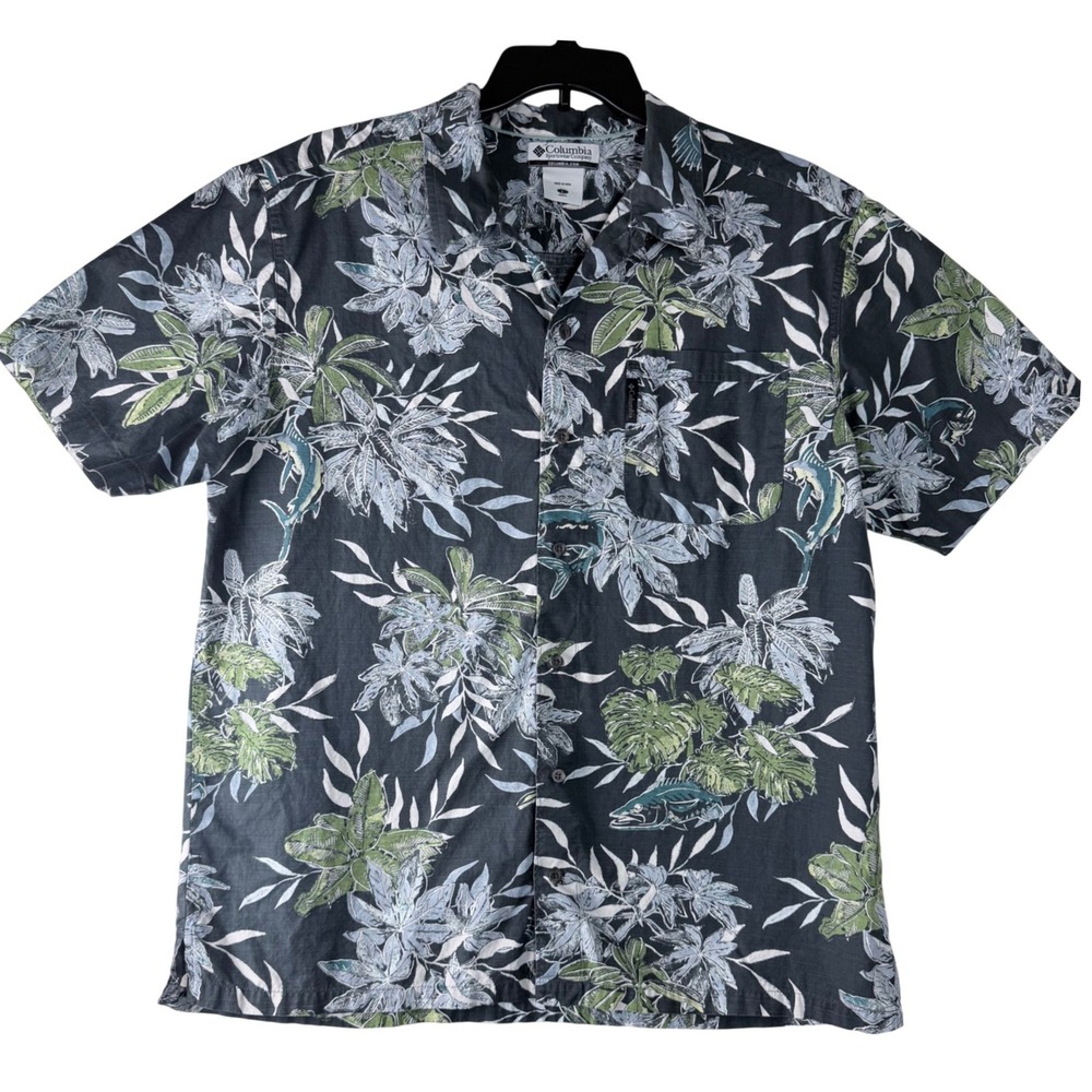 Columbia Men L Blue‎ Gray Short Sleeve Button Up Shirt Tropical Fish Floral - Picture 2 of 11